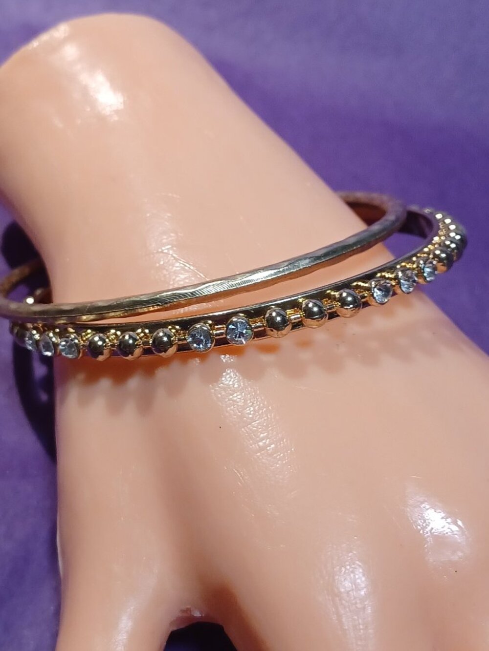Gold Bangle Set, Raised Crystal Dot Bangle & Hammered Gold Bangle